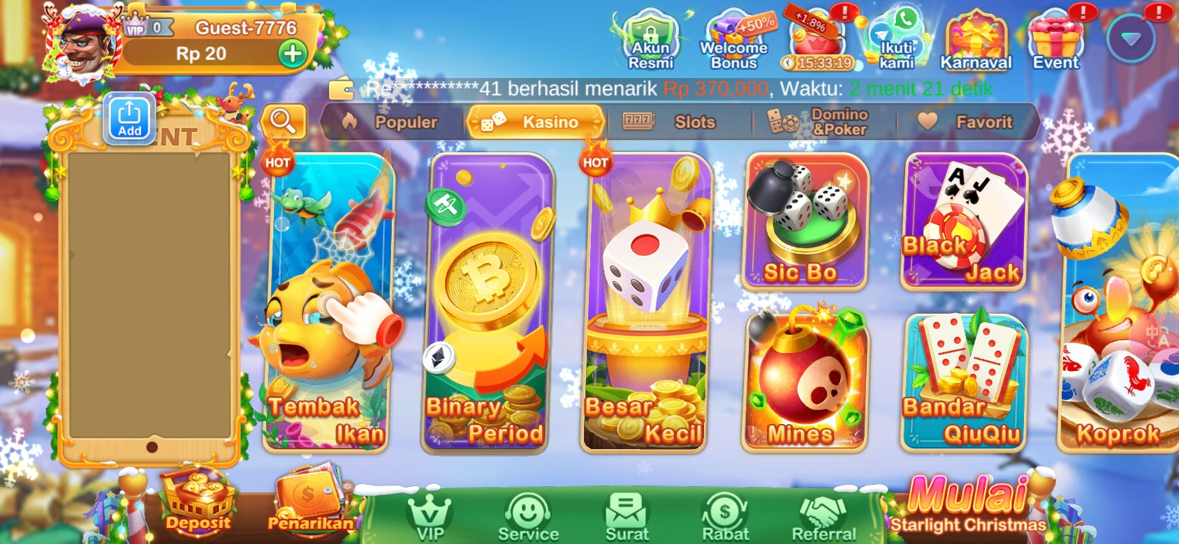 Game kasino populer seperti Tembak Ikan dan Sic Bo tersedia di Dot K3K3 8 218.